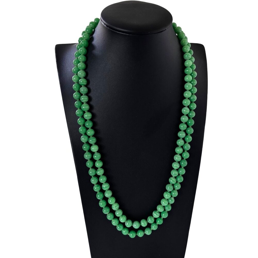 Vtg Hobe‎ Necklace Green Swirl Bead Double Strand Knotted Signed 1960s